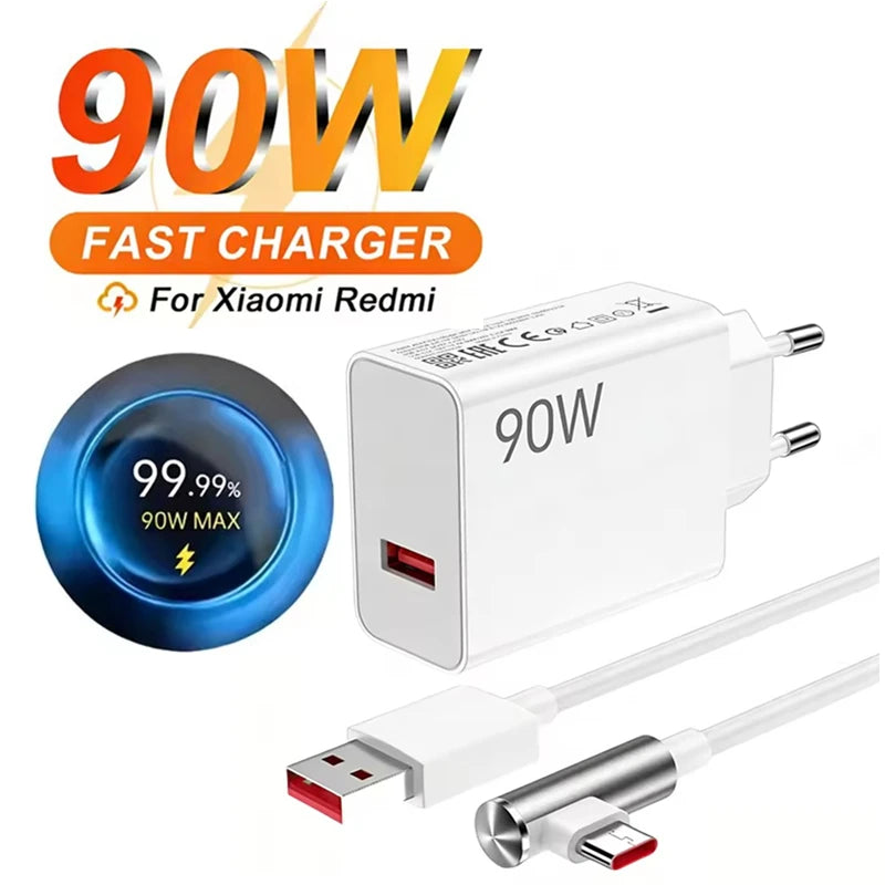 Cargador Rápido Turbo EU de 90W Máx. para Xiaomi 13 14 Ultra 15T Pro Redmi Note 14 15 Pro+ POCO F7 F8 X7 X8 con Cable USB Tipo-C en Ángulo