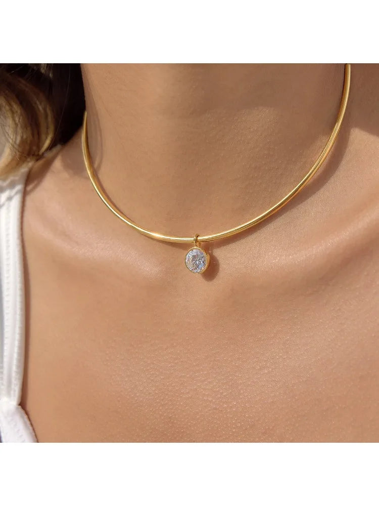 Collar con colgante geométrico de circonita para mujer, chapado en oro de 18 quilates, collar de acero inoxidable, joyería de moda, regalo.