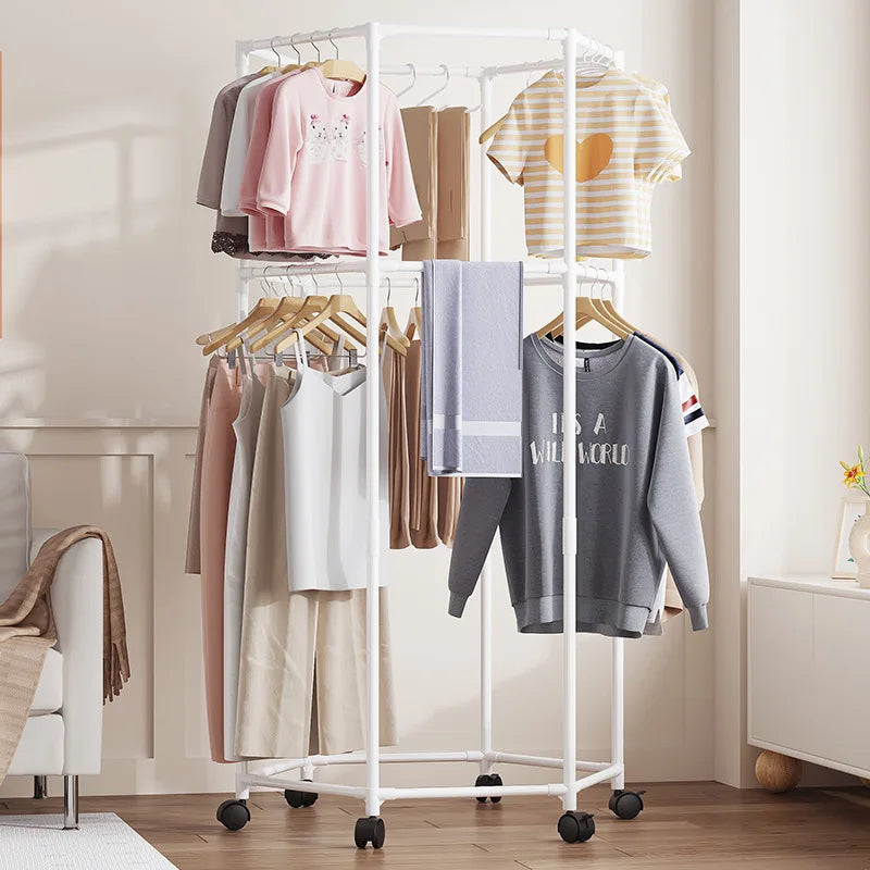 Perchero de Pie Hexagonal Giro, Perchero para Dormitorio, Cuerda de Secar Ropa Interior, Organizador Móvil de Ropa y Sombreros, Doble Capa y Desmontable