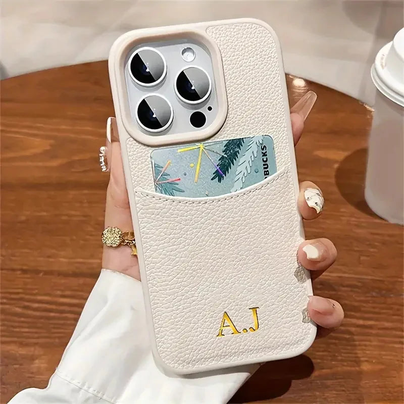 Funda personalizada con nombre inicial para iPhone 12, 13, 14, 15 16 Pro Max, bolsa de cuero de lujo con ranura para tarjetas, funda con patrón de lichi