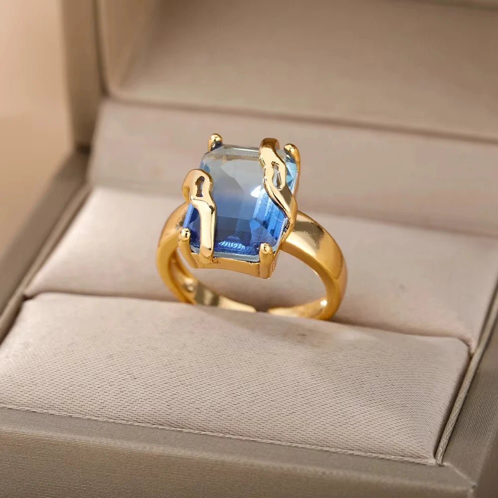 Anillos de acero inoxidable de lujo chapados en oro, piedra colorida, anillo de corazón de cristal de circón para mujer, joyería Bohemia de boda, regalo de Navidad