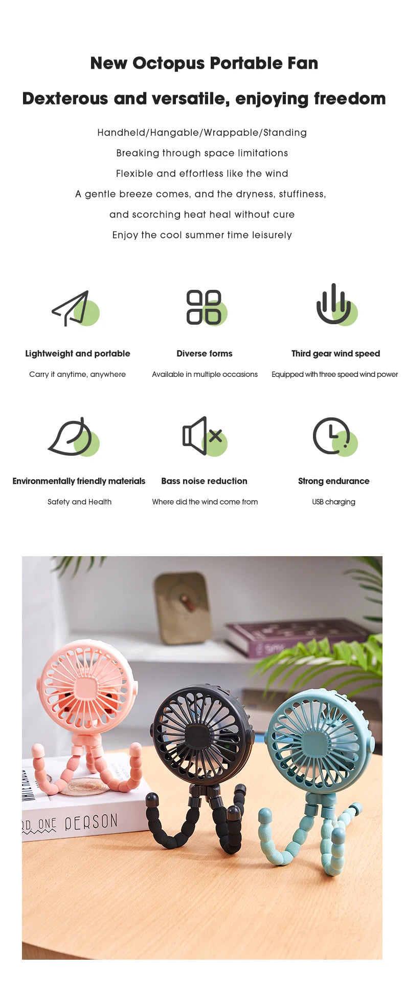 Ventilador portátil plegable de escritorio con USB, Mini ventilador de pulpo multifuncional pequeño, silencioso, para cochecito de bebé al aire libre, Verano