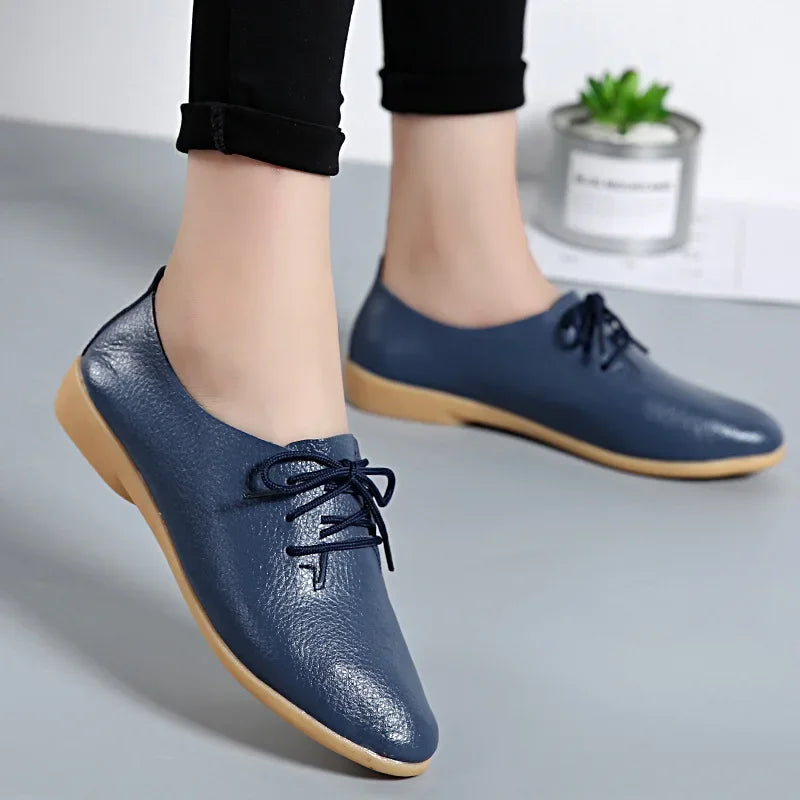 Mocasines de piel auténtica para mujer, zapatos informales, calzado suave con punta estrecha, zapatos planos de verano