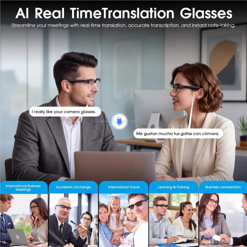 Gafas Inteligentes con Cámara para Hombre, Grabación de Video 4K, Reconocimiento de IA, Llamadas Bluetooth, Traducción de Voz, Anti Luz Azul para Mujer, para Trabajar