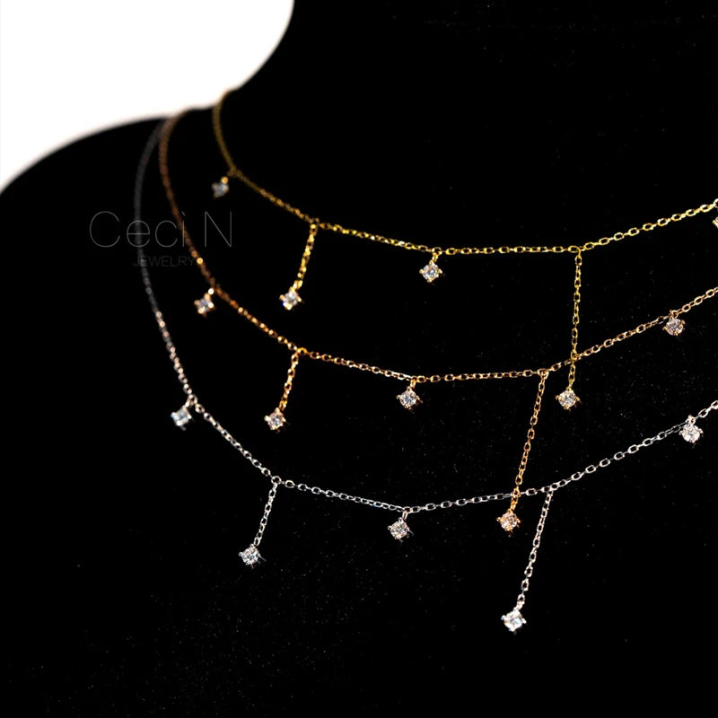 Collar con dijes de estrella de circón de Plata de Ley 925 para mujer, gargantilla elegante de lujo chapada en oro de 18k, collar con cadena O, joyería de boda