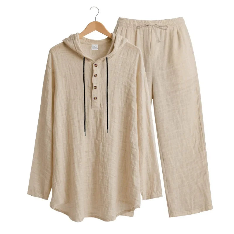 Conjunto informal holgado de lino para hombre, camisa Henry de manga larga y pantalones largos, conjunto cómodo y transpirable a la moda para otoño 2025