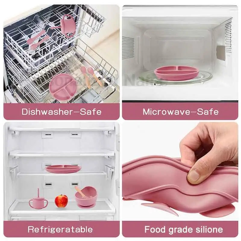 Juego de alimentación de silicona para bebé, plato de comedor redondo, cuenco con ventosa, platos para niños, vajilla con nombre personalizado, taza de paja, 8 Uds.