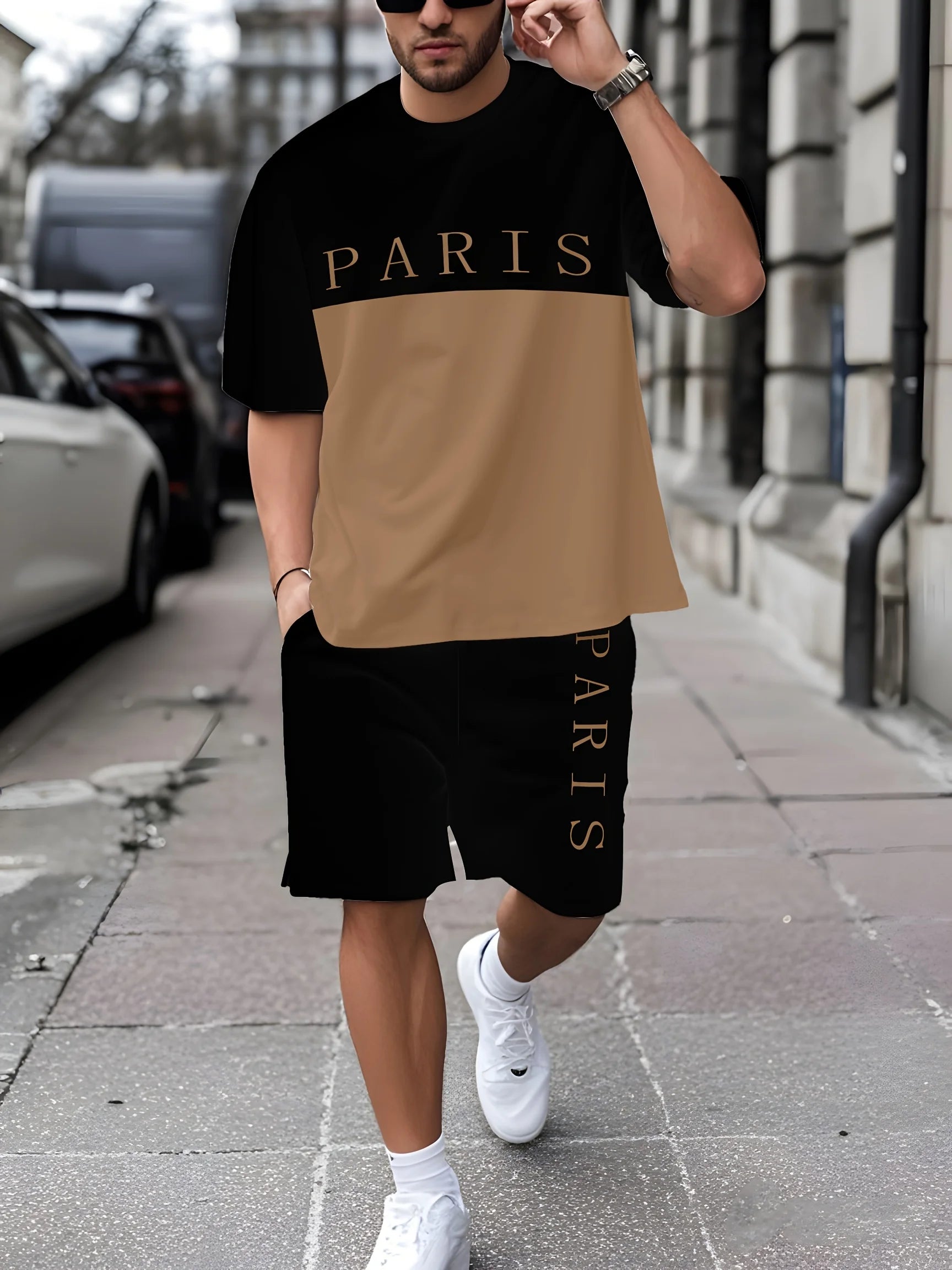 Conjunto Deportivo Casual de Verano para Hombre, Estilo Holgado, Moderno, con Estampado de Grafiti, Cuello Redondo, Manga Corta, Dos Piezas con Pantalones Cortos