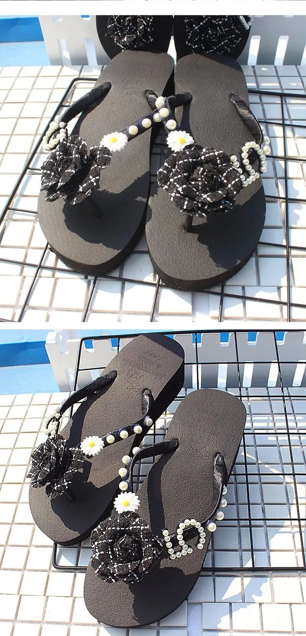 Sandalias Hechas a Mano con Suela Plana Antideslizante, Decoradas con Perlas, con Diseño de Flor de Camelia, Chanclas de Play...