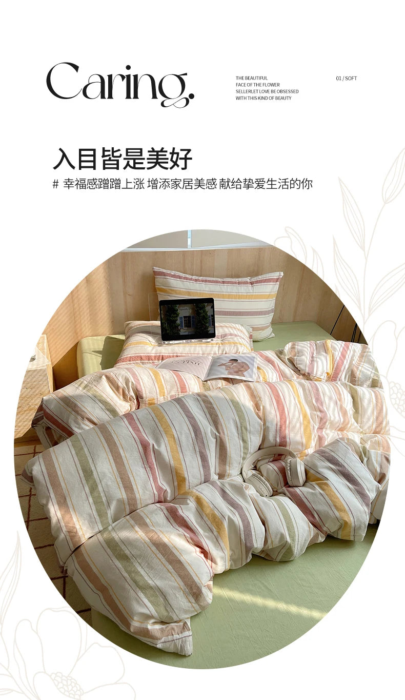 Juego de cama suave de algodón 100%, funda nórdica con estampado de rayas y funda de almohada, ropa de cama, colcha, fundas de almohada, juegos de edredón