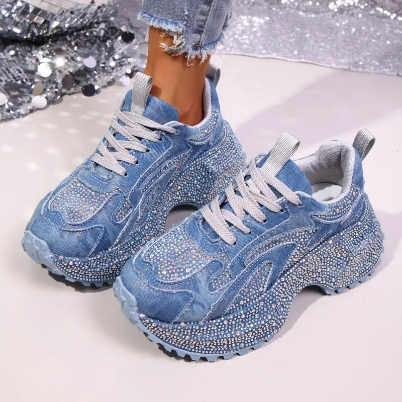 Zapatillas gruesas con diamantes de imitación para mujer, zapatos informales con cordones y suela gruesa, zapatos vulcanizados con plataforma vaquera de lujo para mujer 35-42