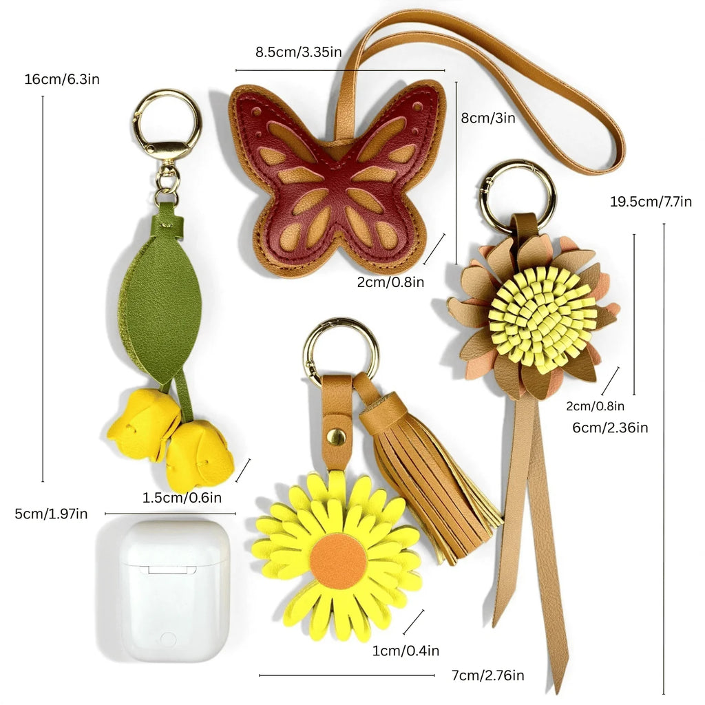 Llavero de mariposa de cuero PU en tonos tierra - Colgante de cuero PU hecho a mano para bolso, accesorio para cartera, regalos florales en tonos neutros cálidos