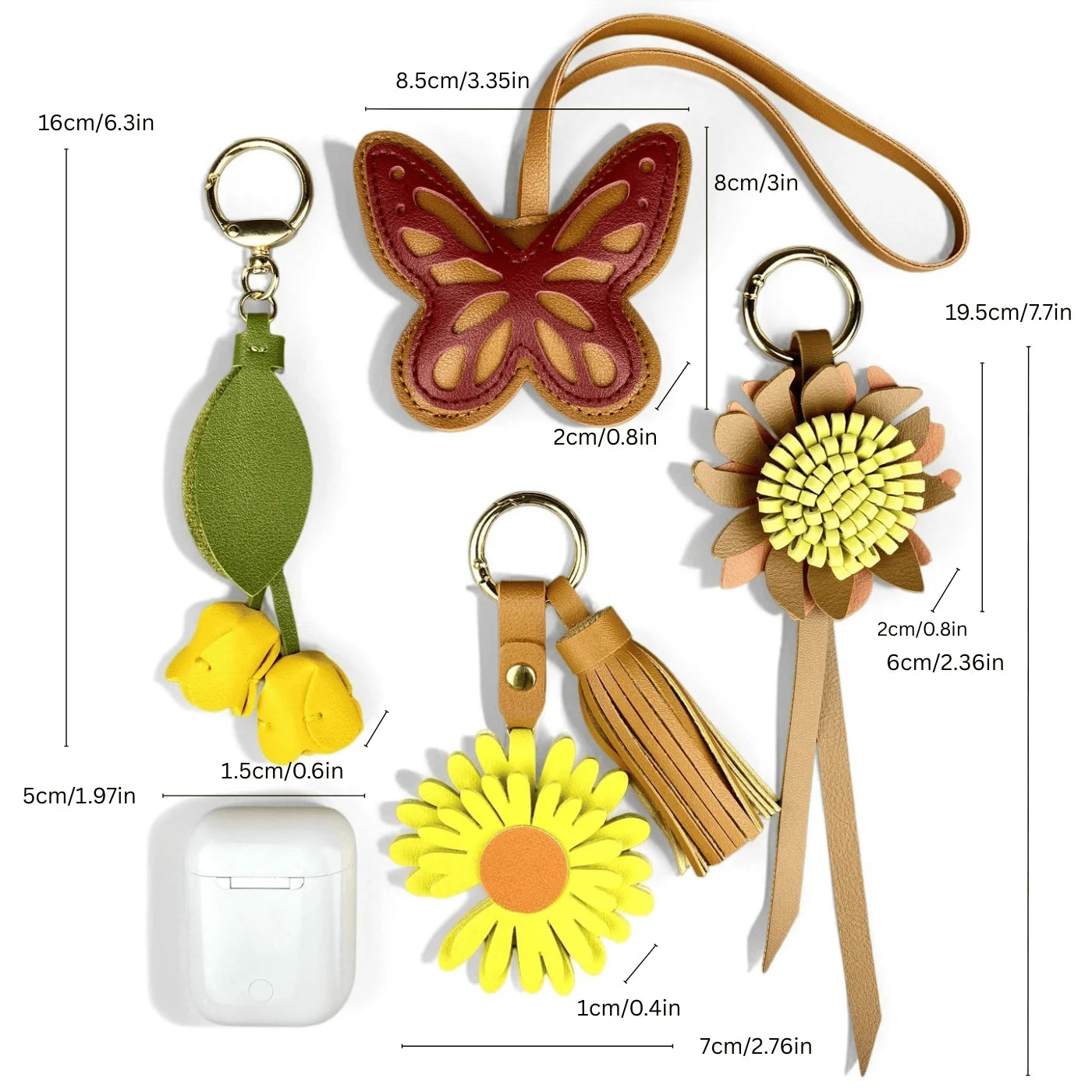 Llavero de mariposa de cuero PU en tonos tierra - Colgante de cuero PU hecho a mano para bolso, accesorio para cartera, regalos florales en tonos neutros cálidos