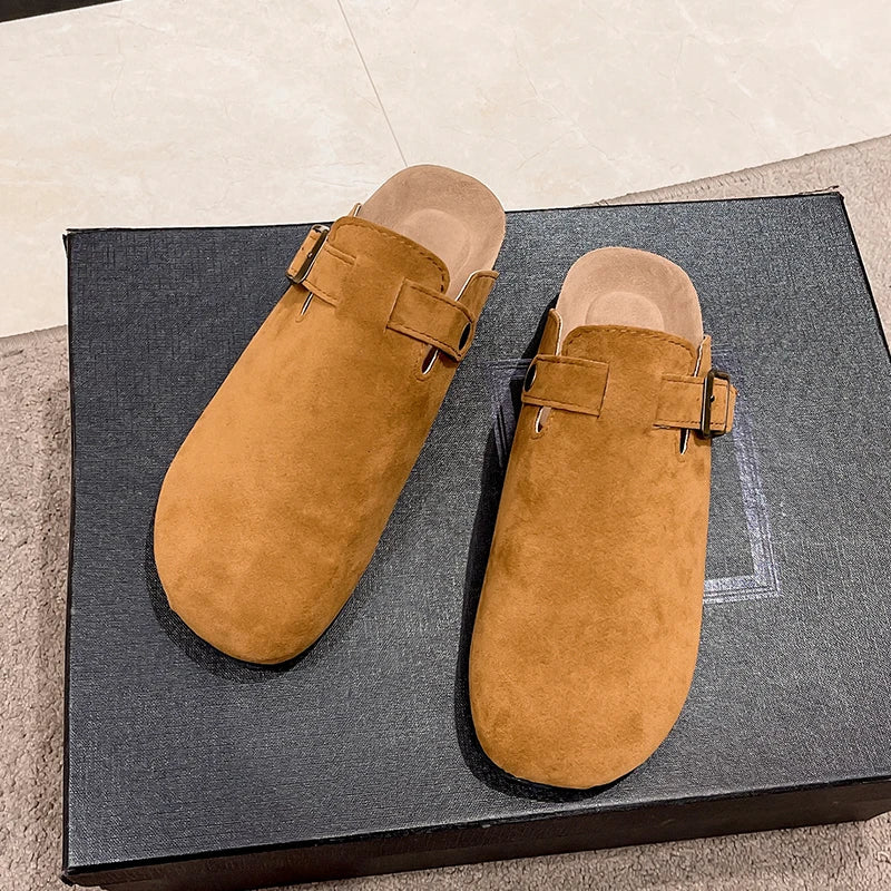 Sandalias de medio arrastre, zuecos para mujer, zapatillas de gamuza de corcho a la moda, zapatillas clásicas antideslizantes de corcho para exteriores con arco