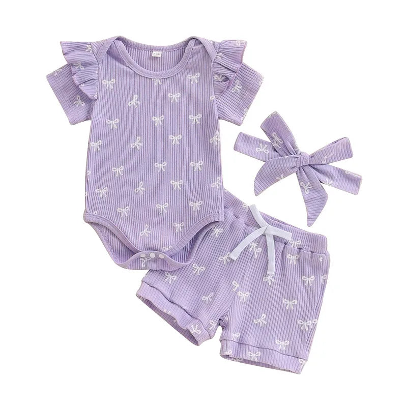Conjuntos de verano para niña de 0 a 18 meses, pelele de manga corta con estampado de lazo, pantalones cortos de cintura elástica y diadema, conjunto de 3 uds.