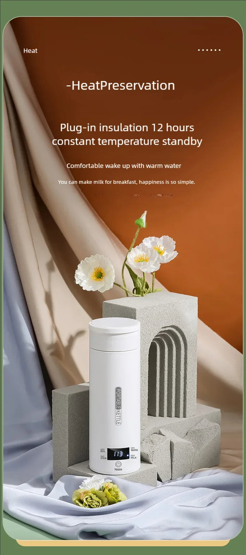 JFBONIN-hervidores eléctricos portátiles para té y café, hervidor de agua para hervir, taza térmica, botella de agua antiescaldaduras, menú en inglés