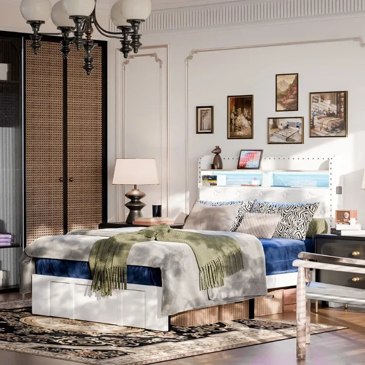 Cabecero de madera, marco de cama, almacenamiento de luces Led, estación de carga, plataforma de Metal regulable, muebles Wingback de estilo moderno