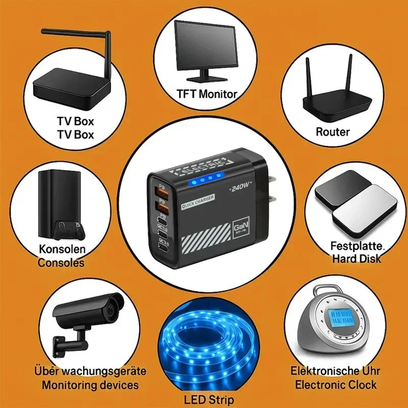 Cargador Rápido de Teléfono de 240W, Enchufe US/EU, QC3.0 PD USB, 5 Puertos, Cabezal de Carga GaN con Luz LED para iPhone 17 16, Samsung, Huawei