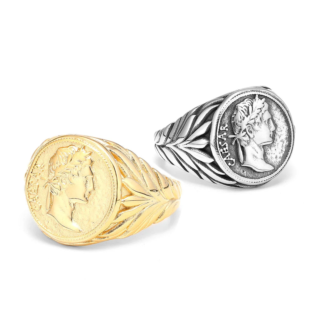 Anillo de cara César, anillos de acero inoxidable 316L para hombres, estatua de la victoria Roma, Punk Rock para motorista masculino, novio, joyería, regalo, triangulación de envíos