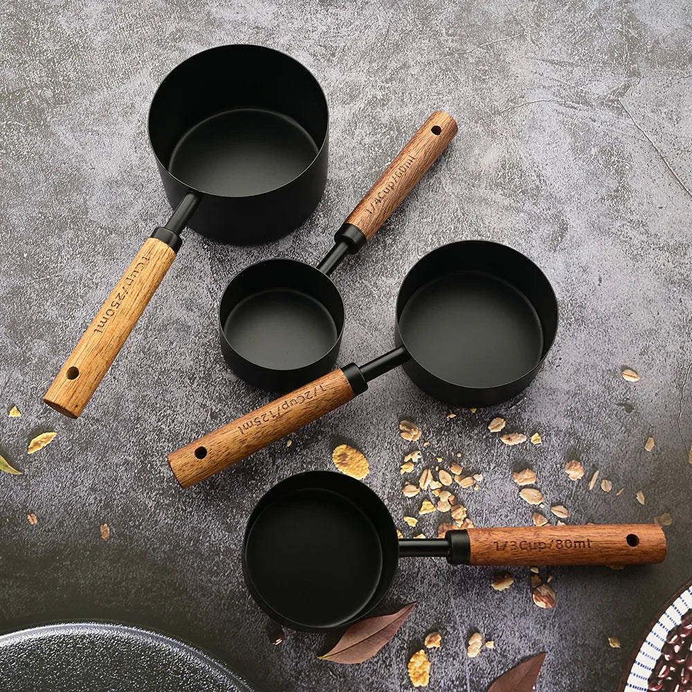 Mango de madera dorado, tazas medidoras de acero inoxidable, cucharas, herramientas para hornear, juego de cucharas medidoras de café, accesorios de báscula para barman
