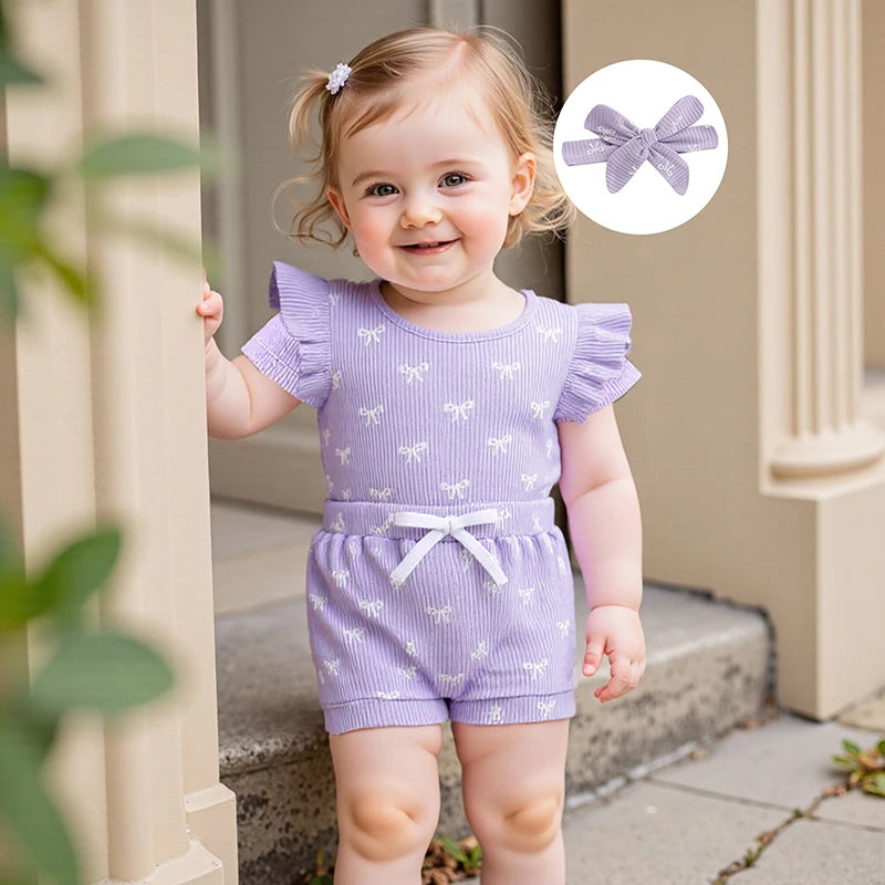 Conjuntos de verano para niña de 0 a 18 meses, pelele de manga corta con estampado de lazo, pantalones cortos de cintura elástica y diadema, conjunto de 3 uds.