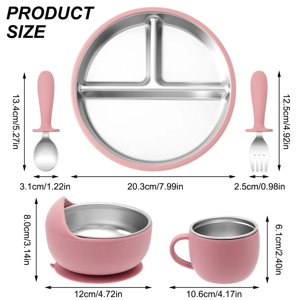 Juego de alimentación de bebé con plato de platos de acero inoxidable, cuenco con ventosa de silicona desmontable, sin BPA, tenedor infantil, cuchara, regalos, 5 uds.