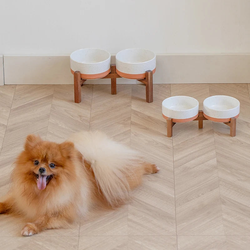 Cuencos grandes de cerámica para mascotas de 1800 ml con soporte de madera: platos de alimentación para perros grandes elevados dobles, cuencos antideslizantes para gatos