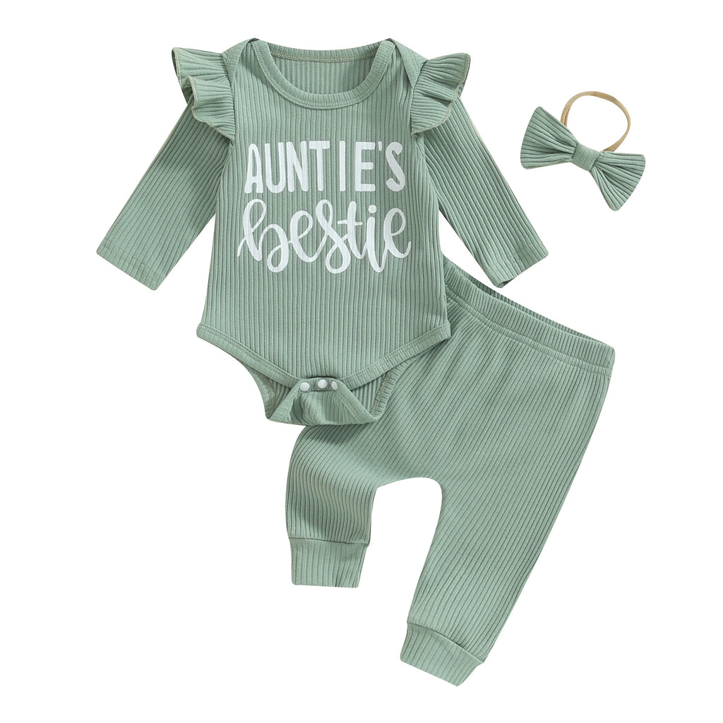 Conjunto de 3 piezas para niñas de 0 a 12 meses, pelele con volantes y manga larga con estampado de letras, Tops, pantalones largos, trajes con banda para el pelo