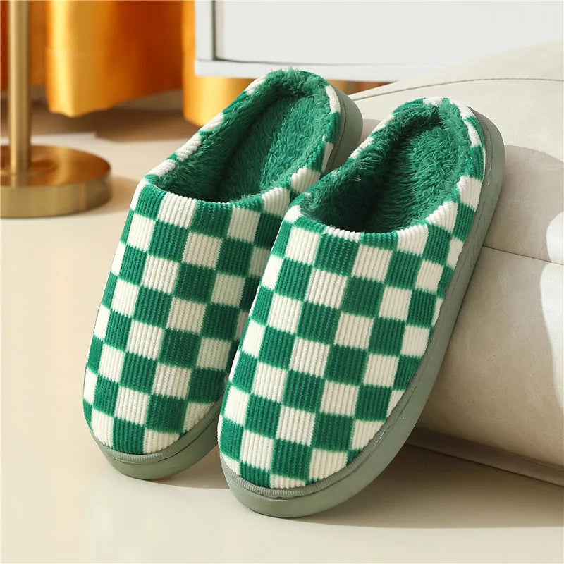 Zapatilla a cuadros para mujer, invierno cálido, hogar, dibujos animados Kawaii, Contton de felpa, interior, divertido, lindo, peludo, zapatos de suelo para casa, tablero de ajedrez femenino
