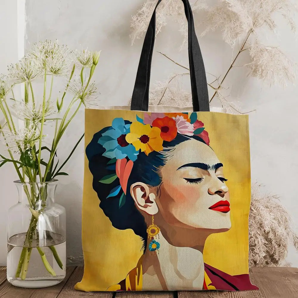 Bolsos de Almacenamiento Art F-Frida Kahlo, Bolso Tote de Lona con Estampado a Doble Cara, Bolso de Hombro de Gran Capacidad para Mujer