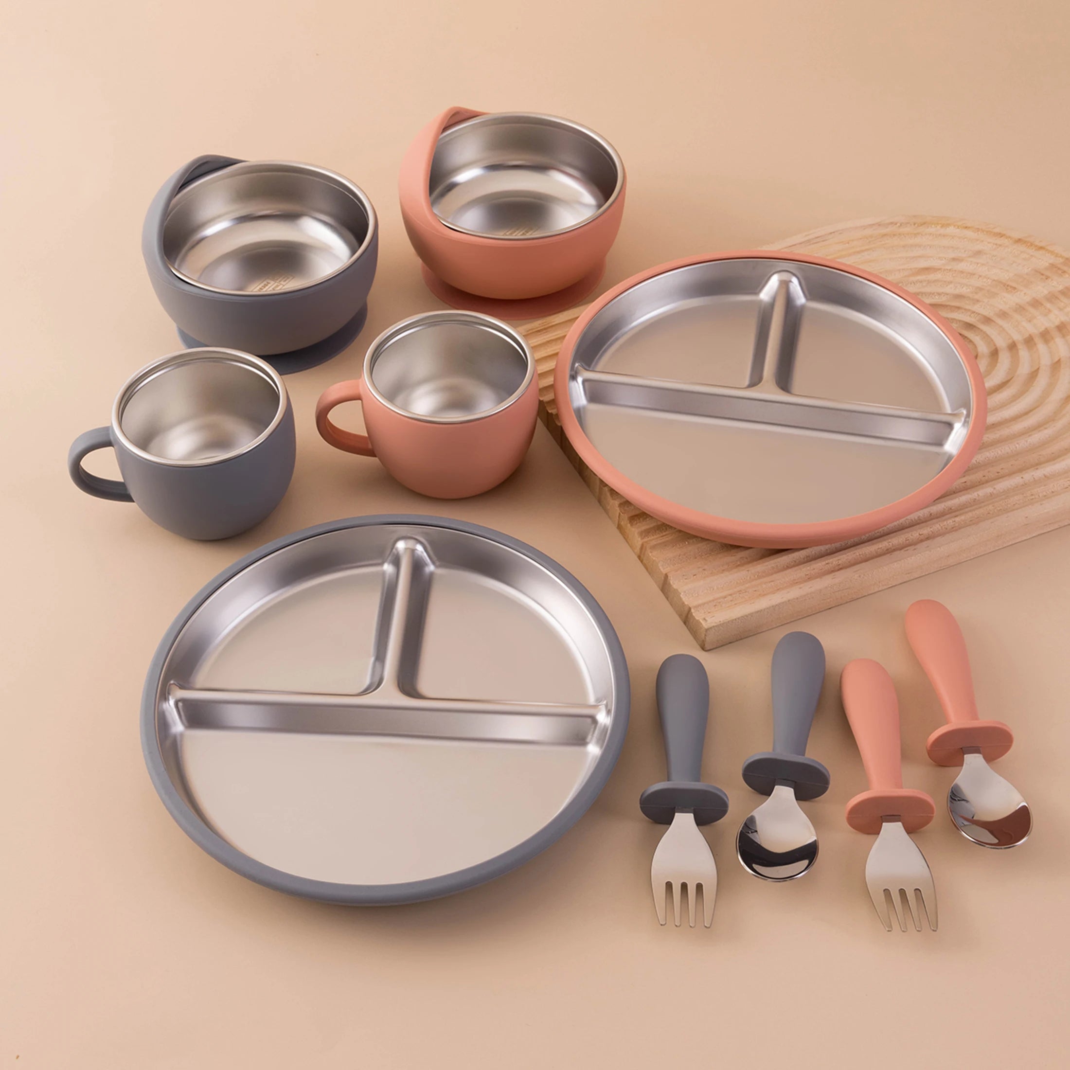 Juego de alimentación de bebé con plato de platos de acero inoxidable, cuenco con ventosa de silicona desmontable, sin BPA, tenedor infantil, cuchara, regalos, 5 uds.