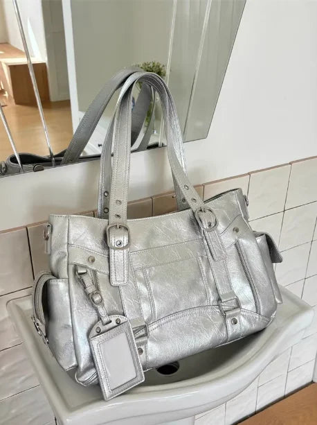 Bolso de mano con tachuelas Vintage para chica, bolso de hombro de gran capacidad con textura de cuero para mujer, bolso cruzado de viaje de estética Y2k