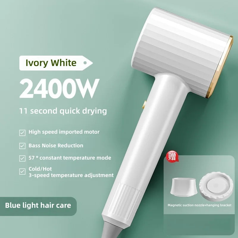 Secador de Pelo Profesional de 2400W con Aire Frío y Caliente, Temperatura Constante, Luz Azul, Iones Negativos y Silencioso