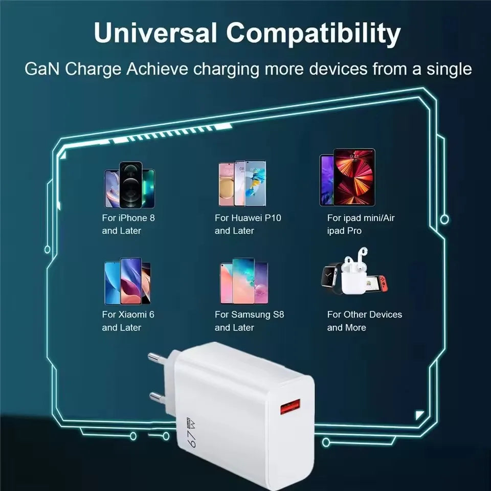 Cargador USB GaN de 67W con Carga Rápida, Cargador de Pared con Cable USB Tipo-C de 6A, Carga Rápida 3.0, Enchufe para iPhone, Samsung, Xiaomi