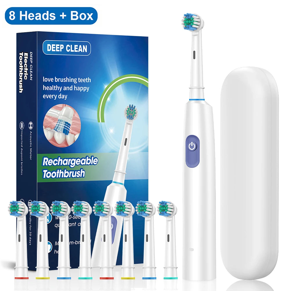 Cepillo de dientes eléctrico, cepillo de dientes eléctrico recargable giratorio para adultos, cepillos de dientes eléctricos giratorios con 8 cabezales suaves
