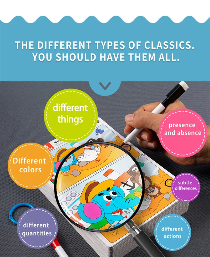 Juego de rompecabezas reutilizable Find The Difference, enfoque borrable y regrabable y entrenamiento de observación, juguete para el desarrollo del cerebro para niños