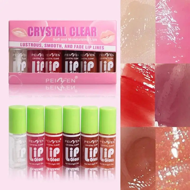 Juego de 6 piezas de brillo de labios con espejo de cristal, bálsamo labial ligero hidratante, brillo brillante, tinte transparente, melocotón, cereza, rosa