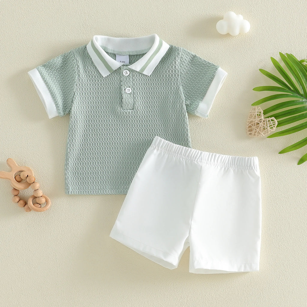 Conjunto de pantalones cortos para bebé niño, camisa de punto con cuello y manga corta y pantalones cortos, conjunto de verano de 2 piezas