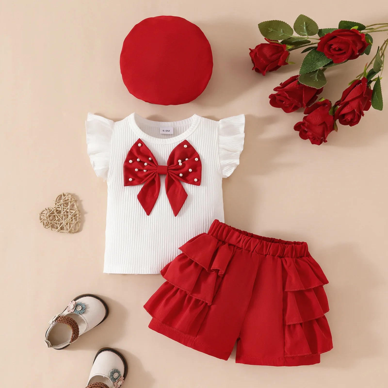 Conjunto de ropa de Año Nuevo para niñas de 0 a 3 años, Top de manga larga con lazo grande, falda Irregular y boina, ropa de Navidad para niños pequeños de 3 uds.