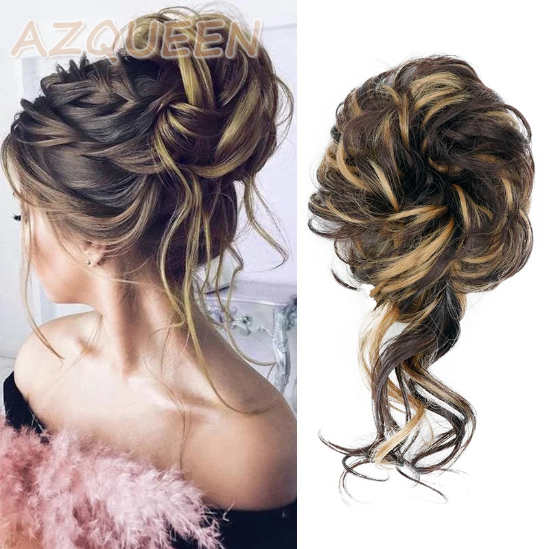 AZQUEEN moño de pelo sintético moño Natural gris desordenado banda para el cabello rizado elástico Scrunchy piezas de cabello falso para mujeres horquillas