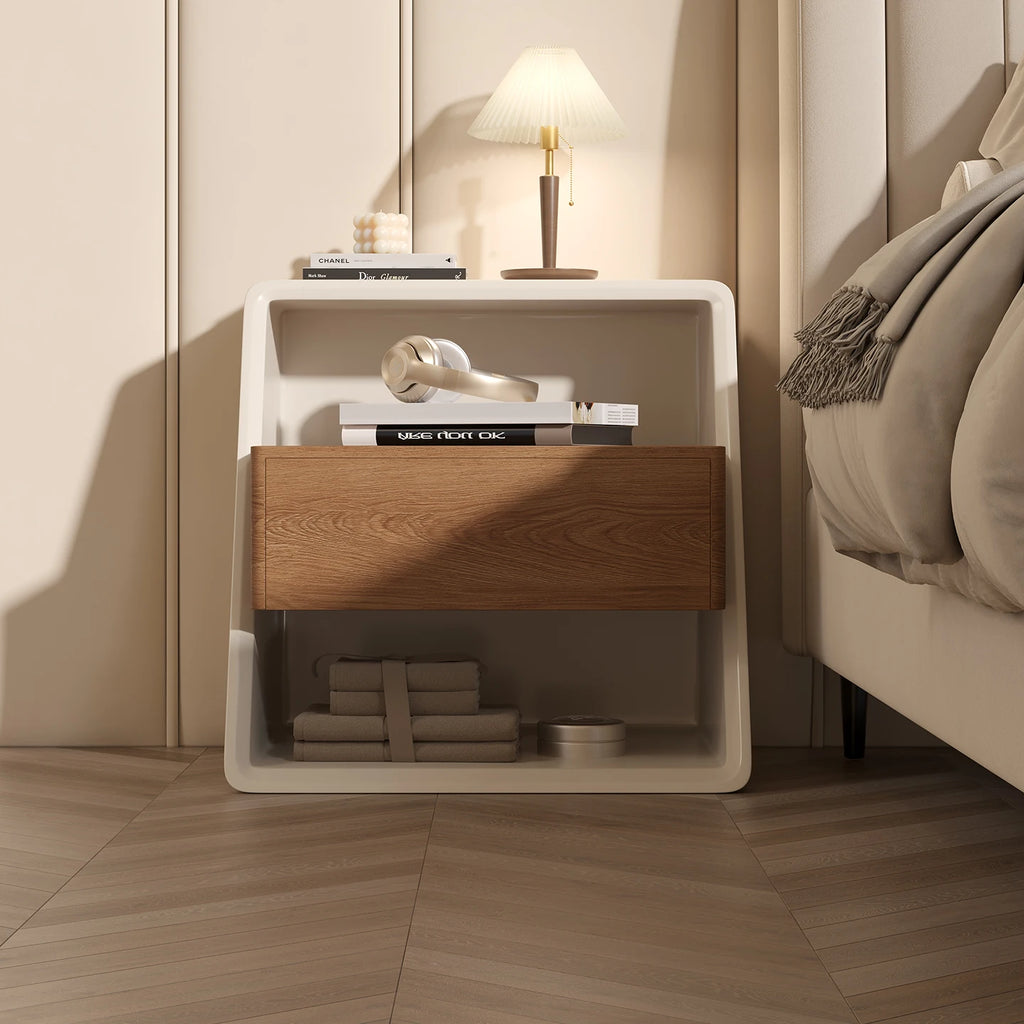 Mesita de noche minimalista italiana, madera maciza, crema, viento, pintura Simple y respetuosa con el medio ambiente, mesita de noche, mesa auxiliar creativa para dormitorio
