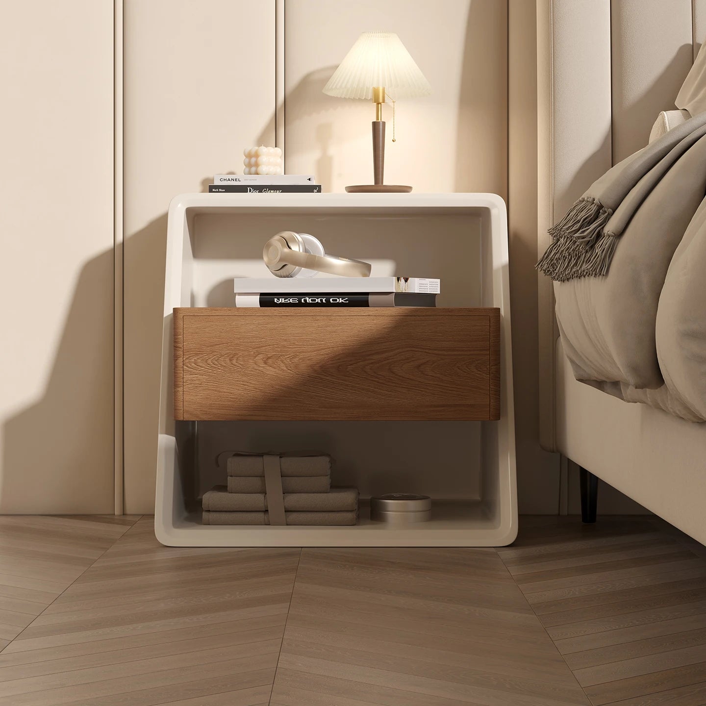 Mesita de noche minimalista italiana, madera maciza, crema, viento, pintura Simple y respetuosa con el medio ambiente, mesita de noche, mesa auxiliar creativa para dormitorio