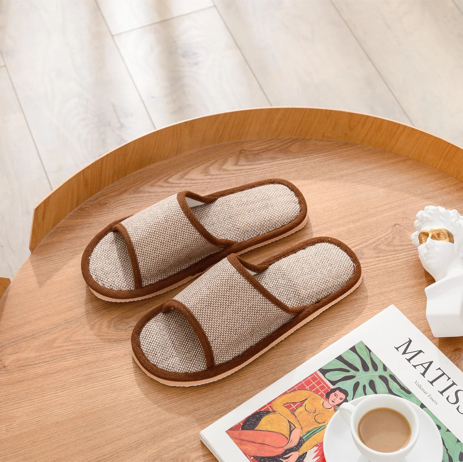 Otoño Invierno zapatillas de suelo para mujer Retro de lino con punta abierta EVA sandalias casuales de fondo grueso zapatillas de interior para parejas zapatos