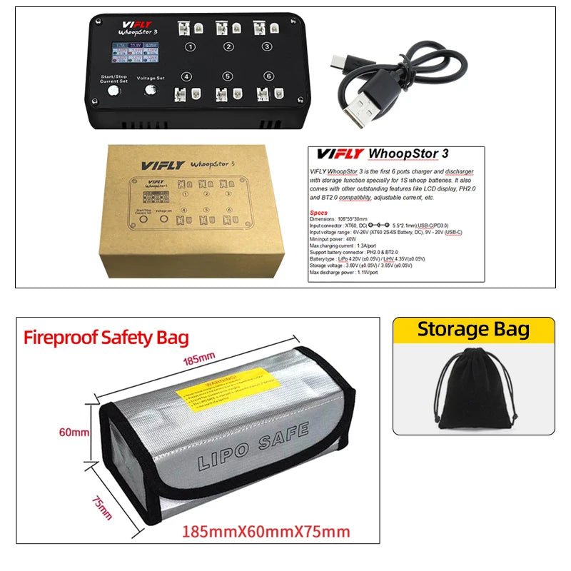 VIFLY-cargador de batería WhoopStor 3 V3, 6 puertos, 1S, LIPO, LiHV, descargador de almacenamiento, TYPE-C LCD, TX60 DC, para RC FPV, BT2.0, PH2.0, nuevo