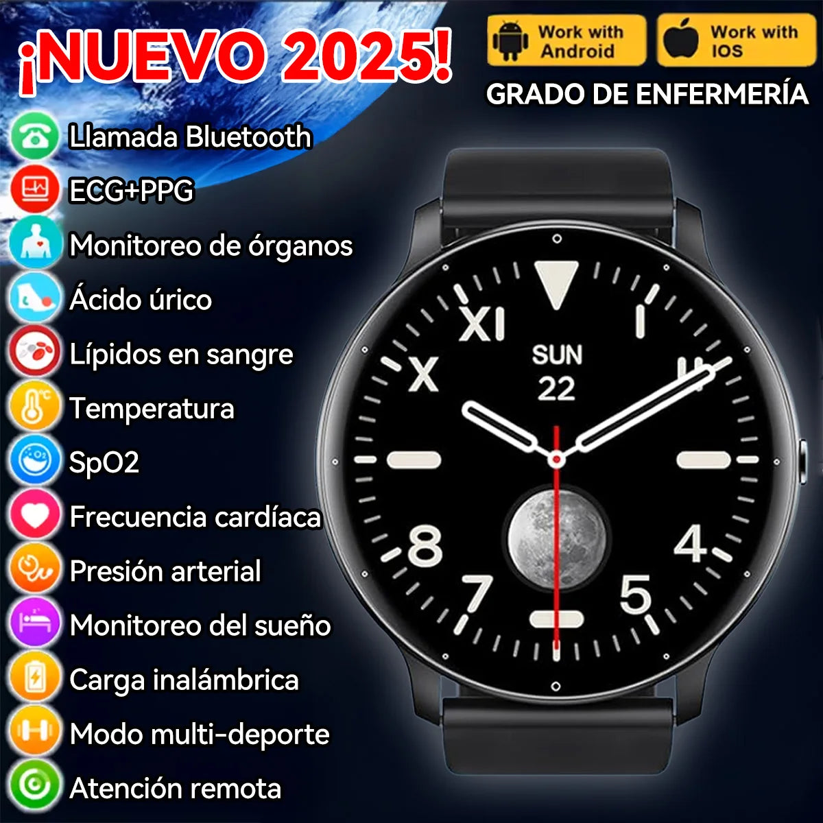 Música dos auriculares reloj inteligente hombres Bluetooth Monitor de salud reloj inteligente deportivo