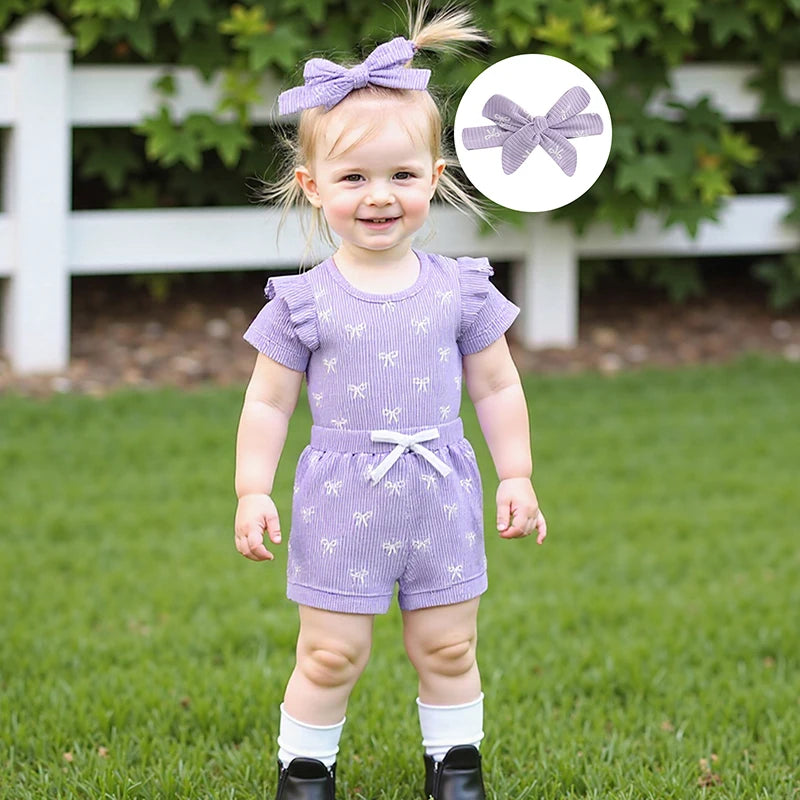 Conjuntos de verano para niña de 0 a 18 meses, pelele de manga corta con estampado de lazo, pantalones cortos de cintura elástica y diadema, conjunto de 3 uds.