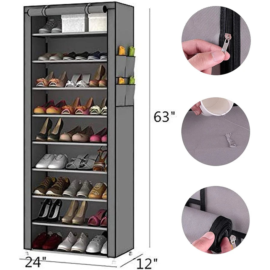 Zapatera con Cubierta de Tela con 9 Niveles Organizadores de Zapatos, Estructuras de Acero y Conectores de Plástico, Para Almacenar y Guardar los Zapatos