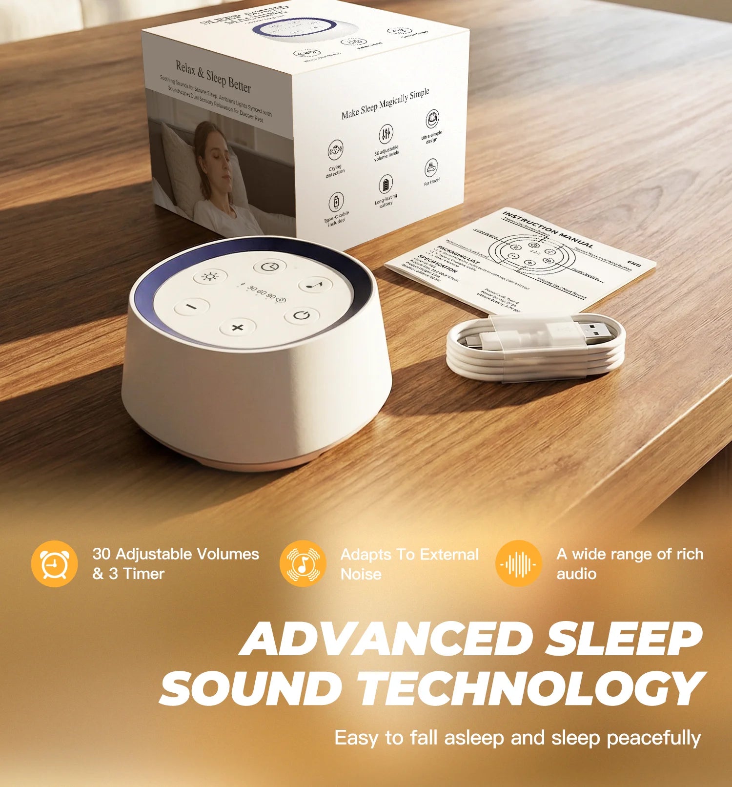 Máquina Portátil de Ruido Blanco para Adultos, 30 Sonidos Relajantes, Luz Nocturna, Temporizador, Recargable, Ayuda para Dormir, Meditación y Relajación