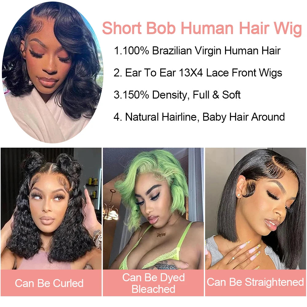 250% Bob corto sin pegamento Wear And Go pelucas de cabello humano ondulado listo para ir precortado 13x6 HD peluca Frontal de encaje cabello humano para mujeres