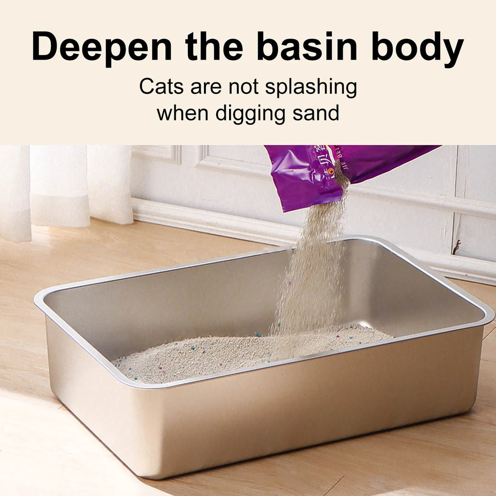 Caja de arena para gatos de acero inoxidable 304, bandeja de arena grande de acero inoxidable para interiores, sartén de Metal de alta cara para gatos, suministros de limpieza para gatos